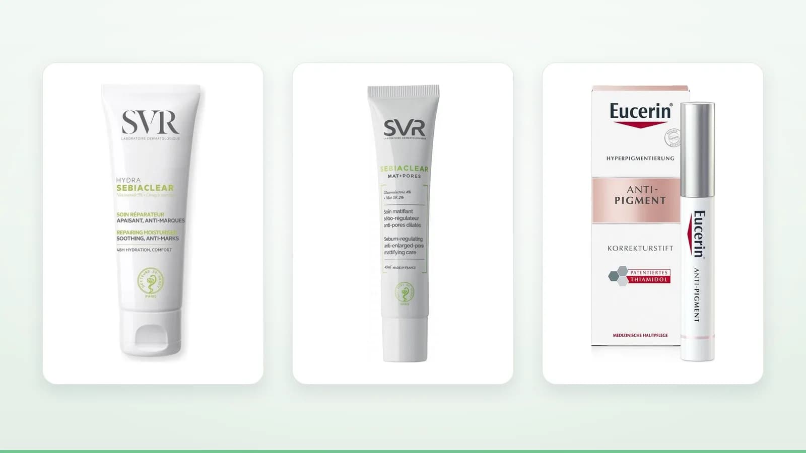 Produits SVR Sebiaclear Hydra Soin Réparateur Apaisant Anti-Marques, SVR Sebiaclear Mat + Pores Soin Matifiant, Eucerin Anti-Pigment Correcteur de Taches sur fond clair — illustration de l'article « A