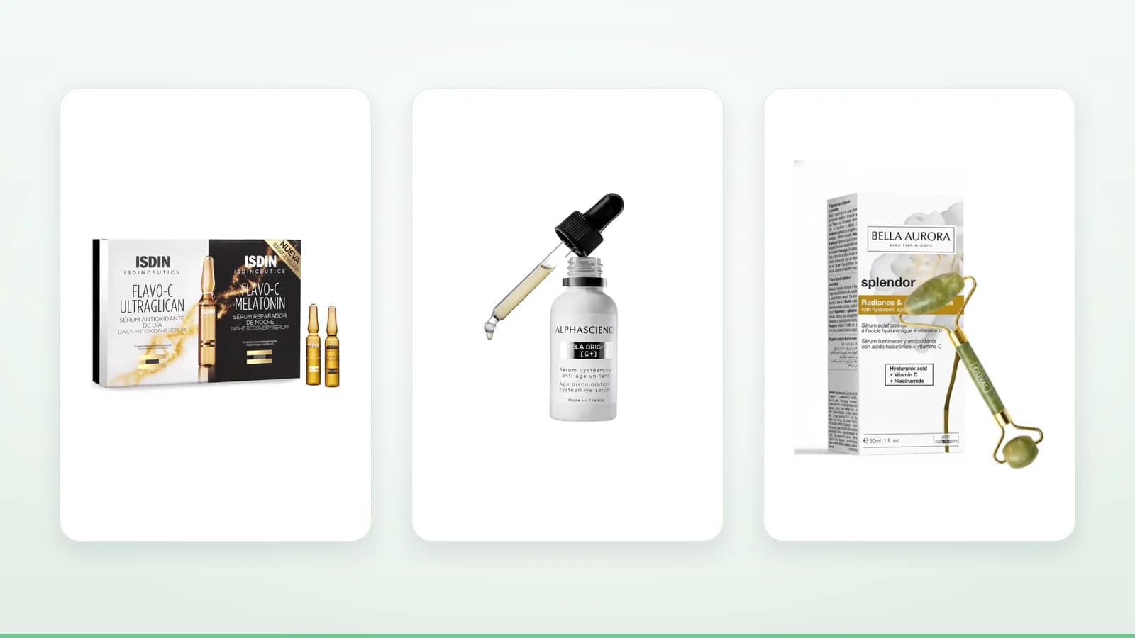 Produits ISDIN Isdinceutics Flavo-C Sérum Antioxydant Jour et Réparateur Nuit, Alphascience Mela Bright C+ Sérum Unifiant Anti-âge, Bella Aurora Splendor Serum Radiance sur fond clair — illustration d