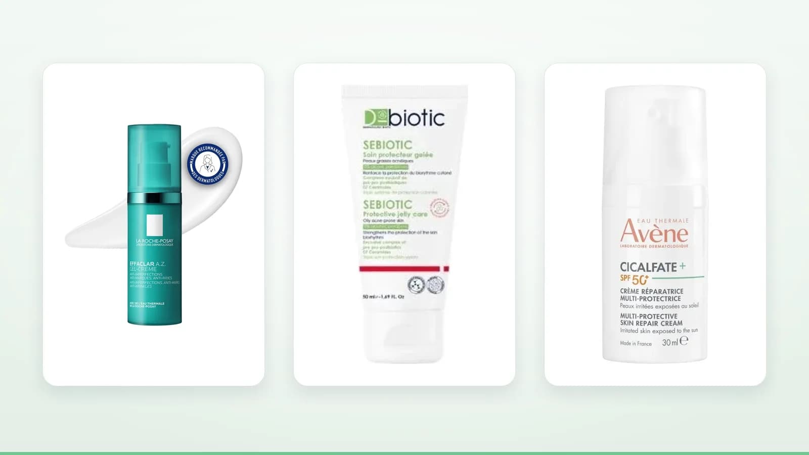 Produits La Roche-Posay Effaclar A.Z Gel-Crème, D-Biotic Sebiotic Soin Protecteur Gelée, Avène Cicalfate+ Crème Réparatrice Multi-Protectrice SPF 50 sur fond clair — illustration de l'article « Choisi