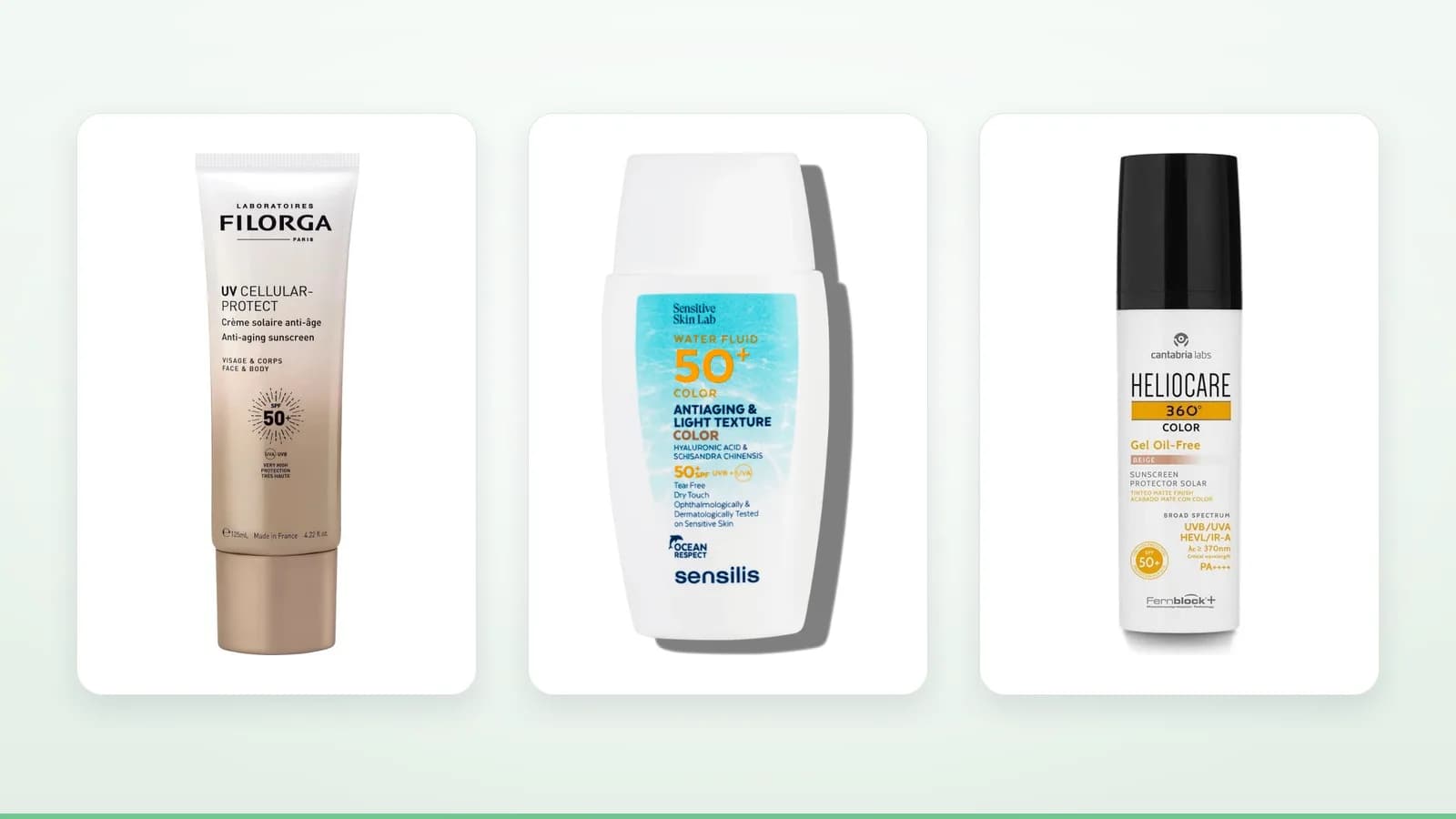 Produits Filorga UV Cellular-Protect Crème Solaire Anti-Âge SPF 50, Sensilis Water Fluid Color SPF50, Heliocare Cantabria Gel Oil-Free Beige SPF50 sur fond clair — illustration de l'article « Protecti