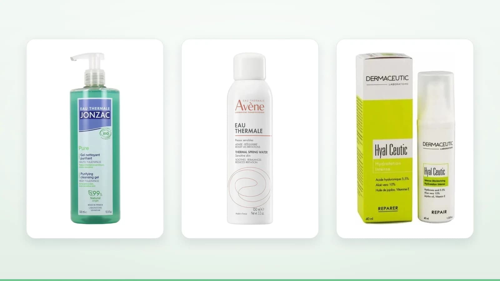 Photos des produits Jonzac Pure Gel Nettoyant Purifiant, Avène Spray Eau Thermale, Dermaceutic Hyal Ceutic sur fond clair