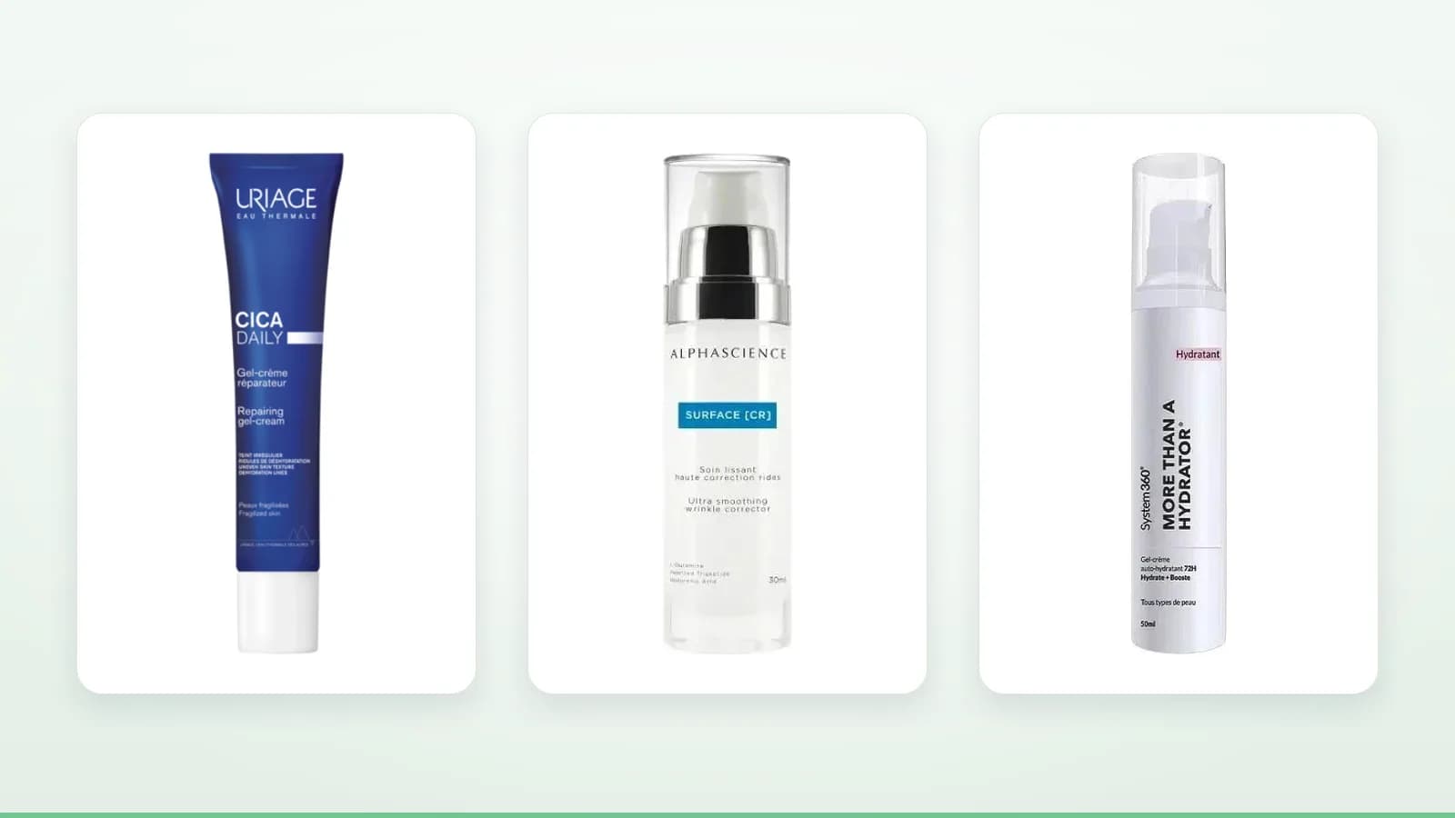Produits Uriage Bariéderm Cica Daily Gel-Crème Hydratant, Alphascience Surface [CR] Émulsion Lissante Anti-Âge, System 360 More Than A Hydrator sur fond clair — illustration de l'article « Peau sensib