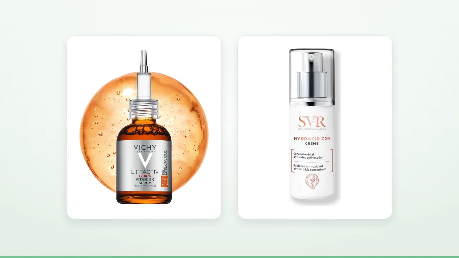 Photos des produits Vichy Liftactiv Supreme Sérum Éclat Vitamine C, SVR Hydracid C20 Crème Anti-Rides Éclat sur fond clair