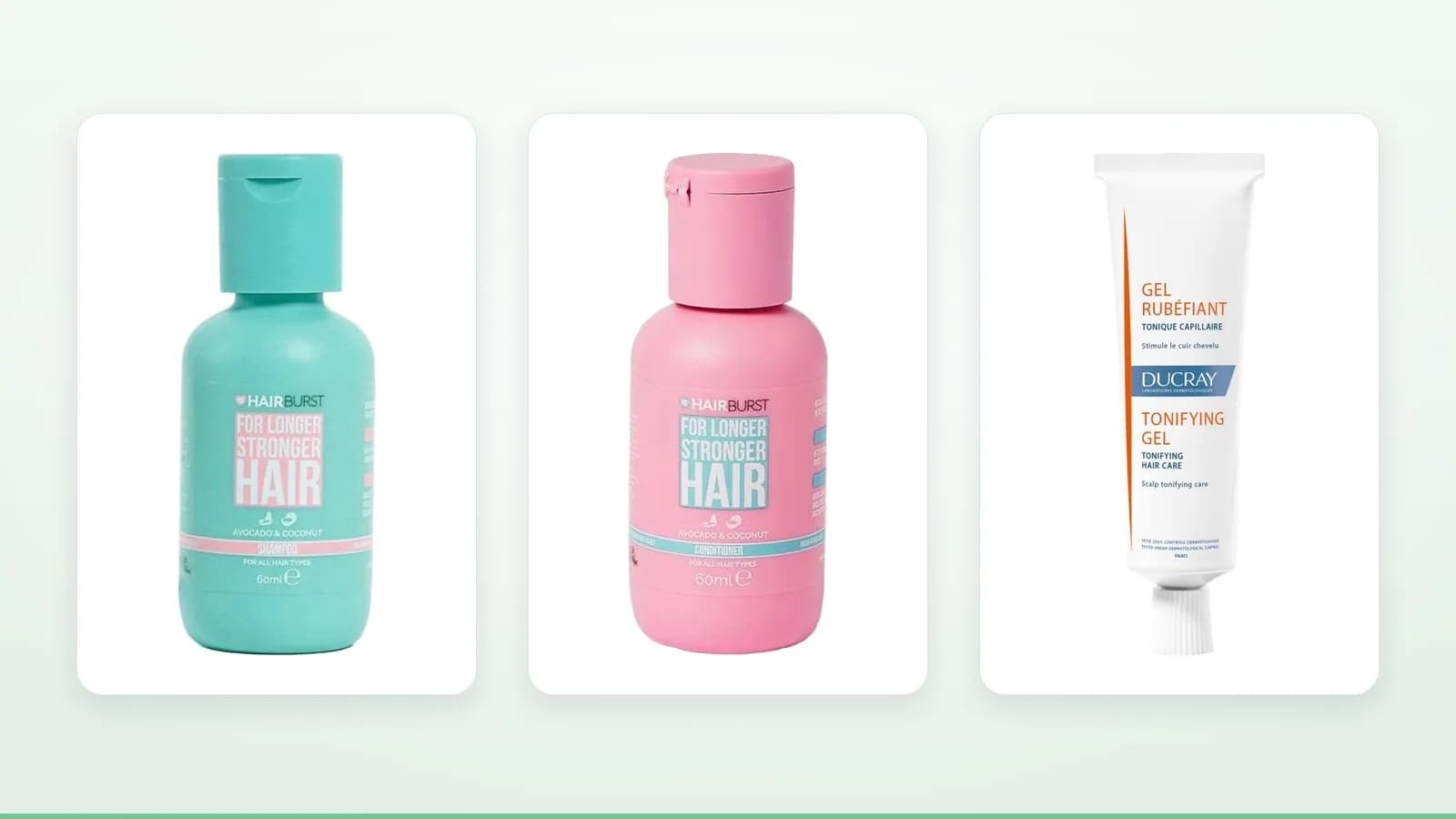 Produits Hairburst Shampoing Hydratant à l'Avocat et Noix de Coco, Hairburst Après-Shampoing à l'Avocat et Noix de Coco, Ducray Gel Rubéfiant Tonique Capillaire sur fond clair — illustration de l'arti