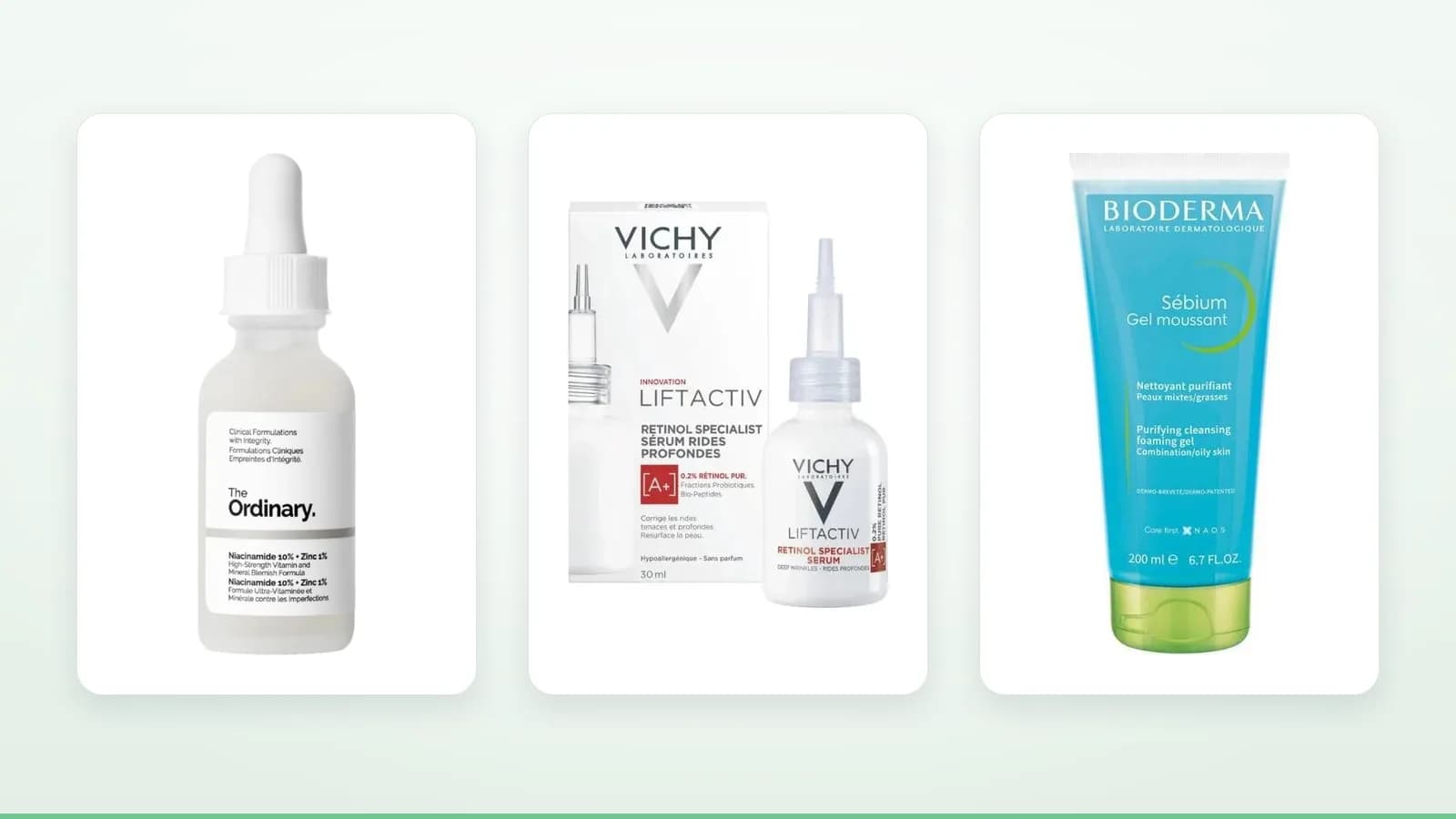 Produits The Ordinary Sérum Niacinamide 10% + Zinc 1%, Vichy Liftactiv Retinol Specialist Sérum Anti-Rides Profondes, Bioderma Sébium Gel Moussant Purifiant sur fond clair — illustration de l'article