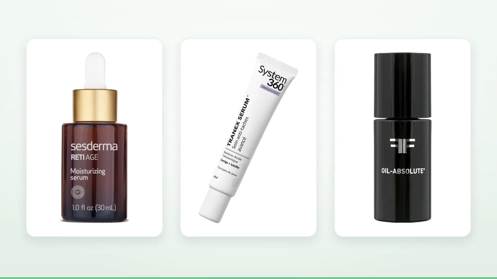 Produits sesderma Reti Age Sérum Anti-âge, System 360 Tranex Serum Dépigmentant, Filorga Oil-Absolute Serum-Huile Anti-Âge Ultime sur fond clair — illustration de l'article « Routines dermocosmétiques